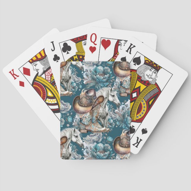 Horse girl cowgirl pattern turquoise floral poker cards (Back)