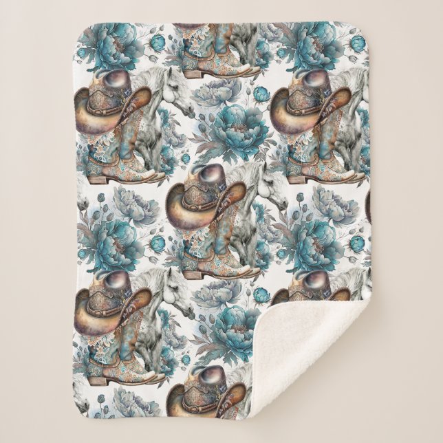 Horse girl cowgirl pattern turquoise floral sherpa blanket (Front)