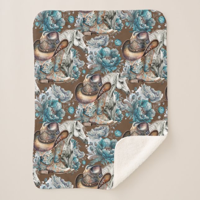Horse girl cowgirl pattern turquoise floral sherpa blanket (Front)