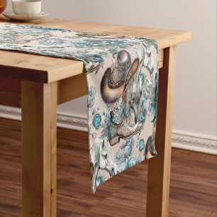 Horse girl cowgirl pattern turquoise floral short table runner