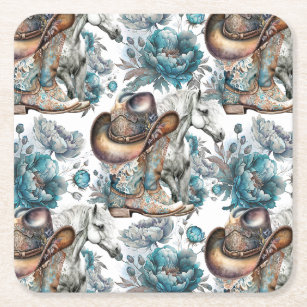 Horse girl cowgirl pattern turquoise floral square paper coaster