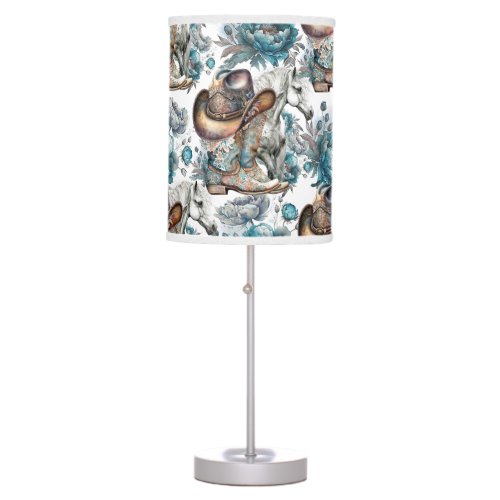Horse girl cowgirl pattern turquoise floral table lamp