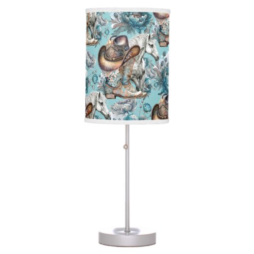 Horse girl cowgirl pattern turquoise floral table lamp