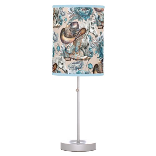 Horse girl cowgirl pattern turquoise floral table lamp