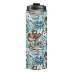 Horse girl cowgirl pattern turquoise floral thermal tumbler