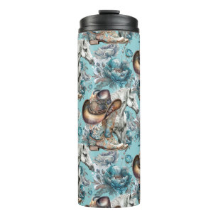 Horse girl cowgirl pattern turquoise floral thermal tumbler