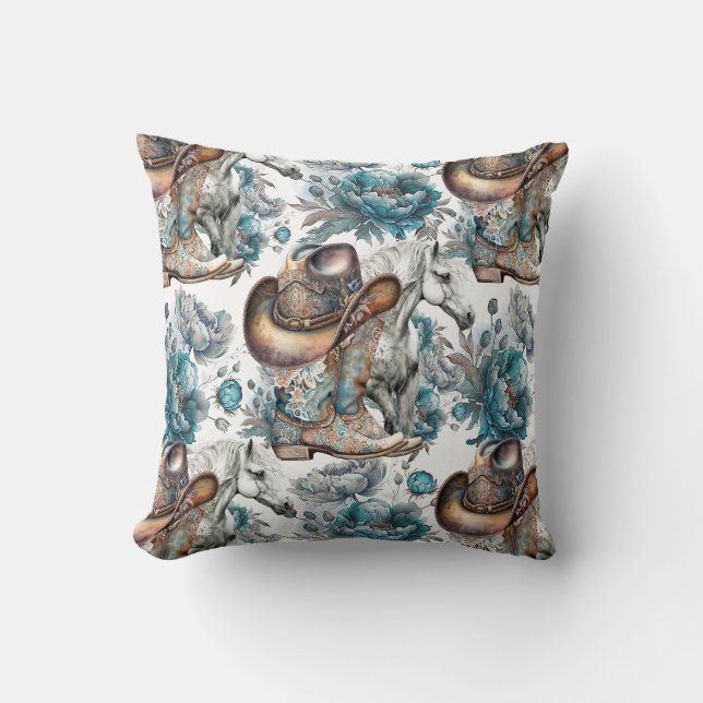Horse girl cowgirl pattern turquoise floral throw pillow (Front)