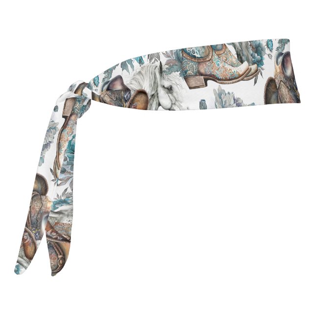 Horse girl cowgirl pattern turquoise floral tie headband (Rotate 270)