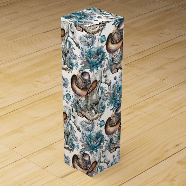 Horse girl cowgirl pattern turquoise floral wine box (Front)