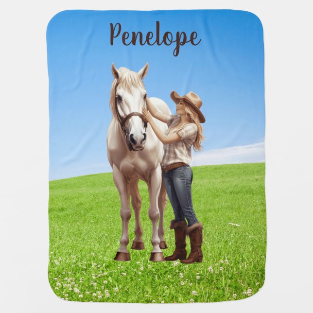 Horse Girl Horseback Riding Meadow Personalized Baby Blanket (Front)