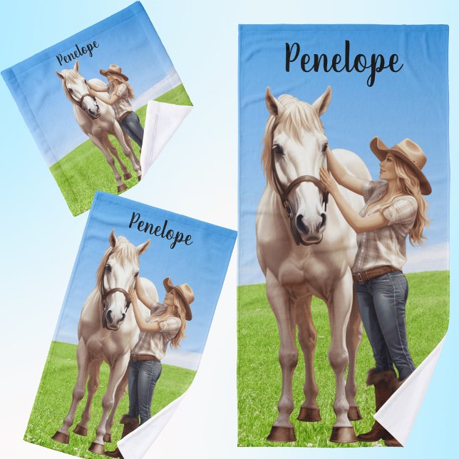 Horse Girl Horseback Riding Meadow Personalized Bath Towel Set (Creator Uploaded)