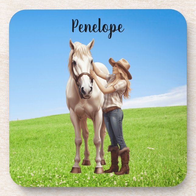 Horse Girl Horseback Riding Meadow Personalized Beverage Coaster (Front)