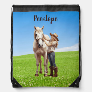 Horse Girl Horseback Riding Meadow Personalized Drawstring Bag