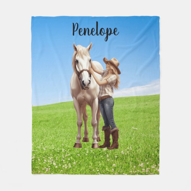 Horse Girl Horseback Riding Meadow Personalized Fleece Blanket (Front)