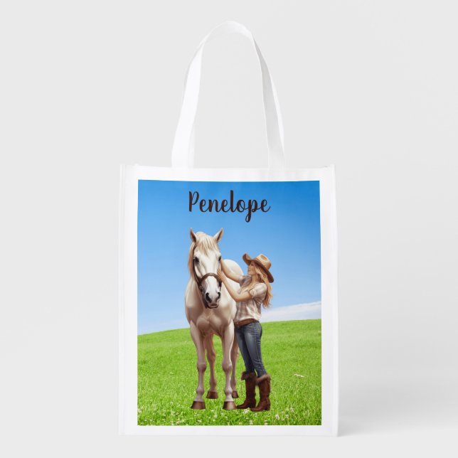 Horse Girl Horseback Riding Meadow Personalized Grocery Bag (Front)
