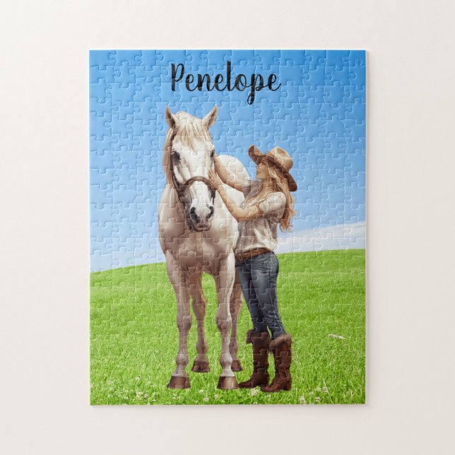Horse Girl Horseback Riding Meadow Personalized Jigsaw Puzzle (Vertical)