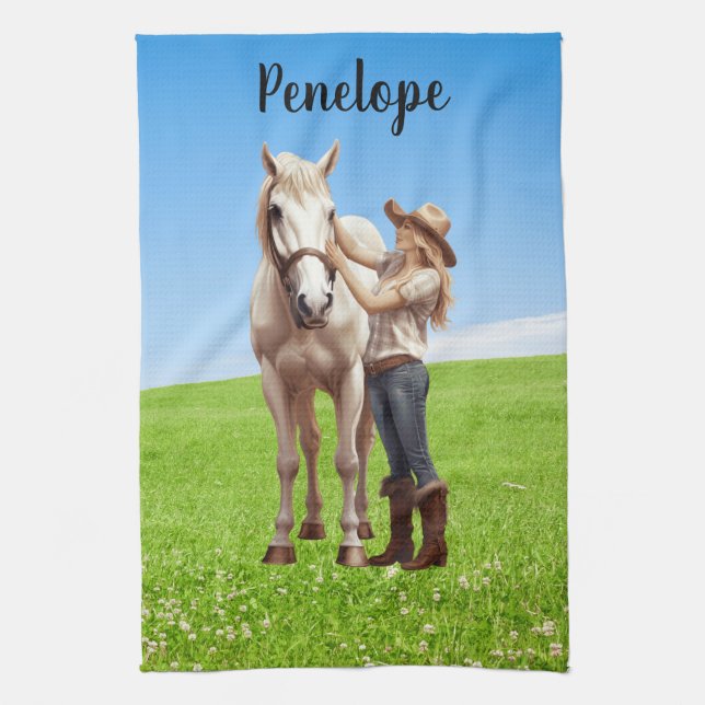Horse Girl Horseback Riding Meadow Personalized Kitchen Towel (Vertical)