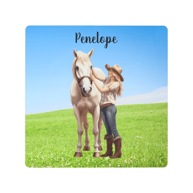 Horse Girl Horseback Riding Meadow Personalized Metal Print (Front)