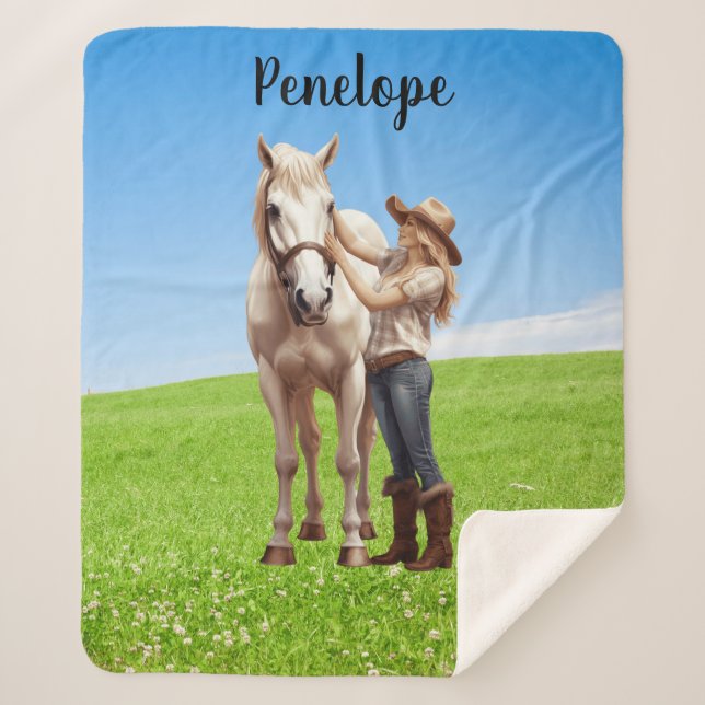 Horse Girl Horseback Riding Meadow Personalized Sherpa Blanket (Front)