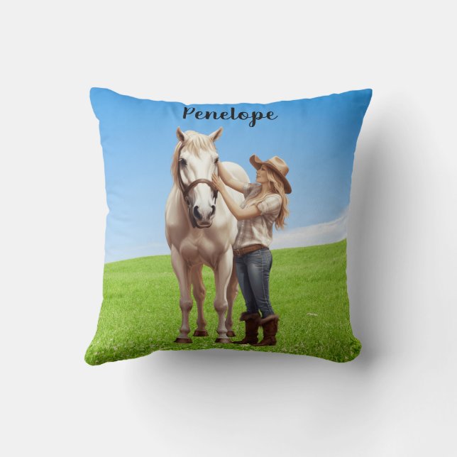 Horse Girl Horseback Riding Meadow Personalized Throw Pillow (Back)