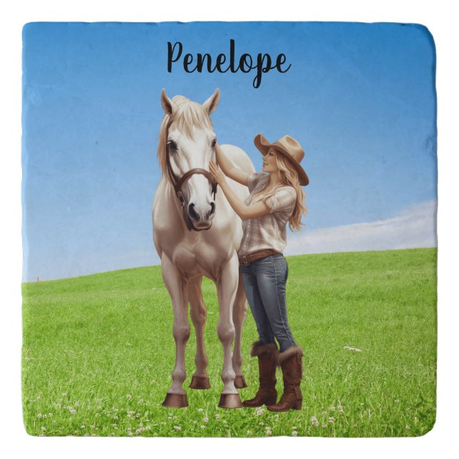 Horse Girl Horseback Riding Meadow Personalized Trivet (Front)