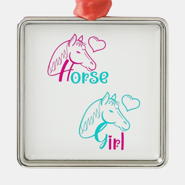 Horse Girl in Pink and Turquoise Metal Ornament (Front)