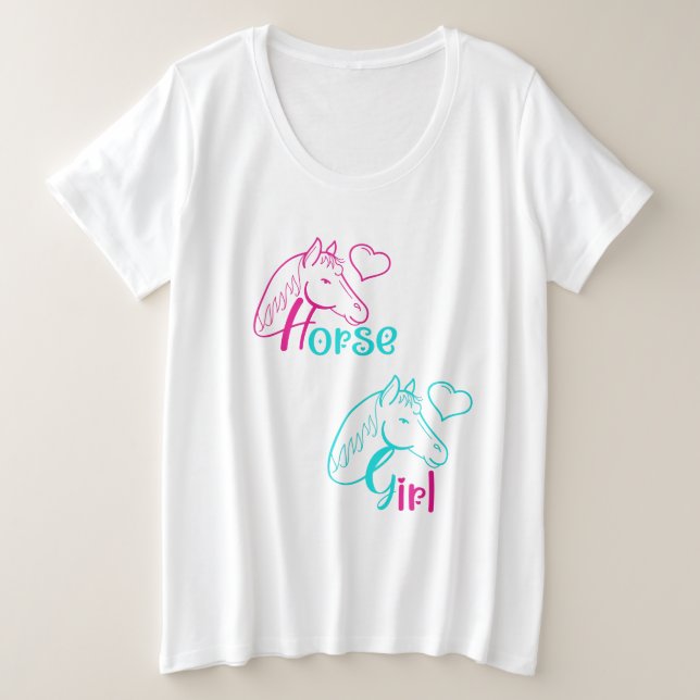 Horse Girl in Pink and Turquoise Plus Size T-Shirt (Design Front)