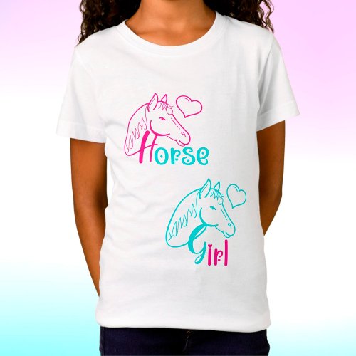 Horse Girl in Pink and Turquoise T_Shirt
