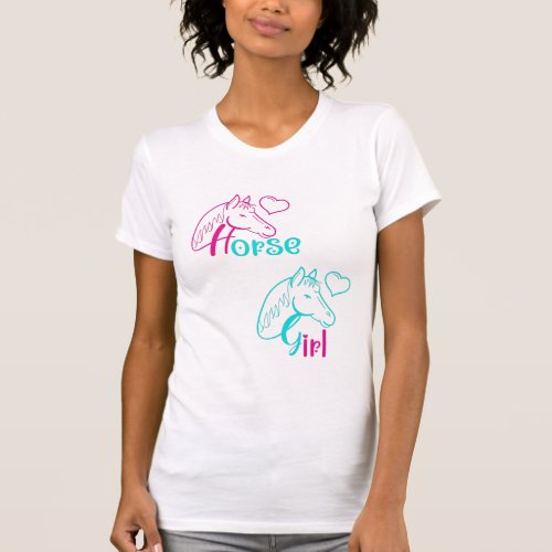 Horse Girl in Pink and Turquoise T_Shirt