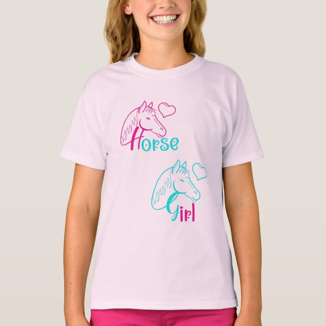 Horse Girl in Pink and Turquoise T-Shirt (Front)