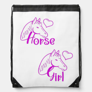 Horse Girl in Purple with Horse Head Font Drawstring Bag