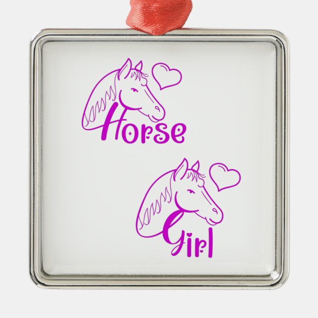 Horse Girl in Purple with Horse Head Font Metal Ornament (Front)