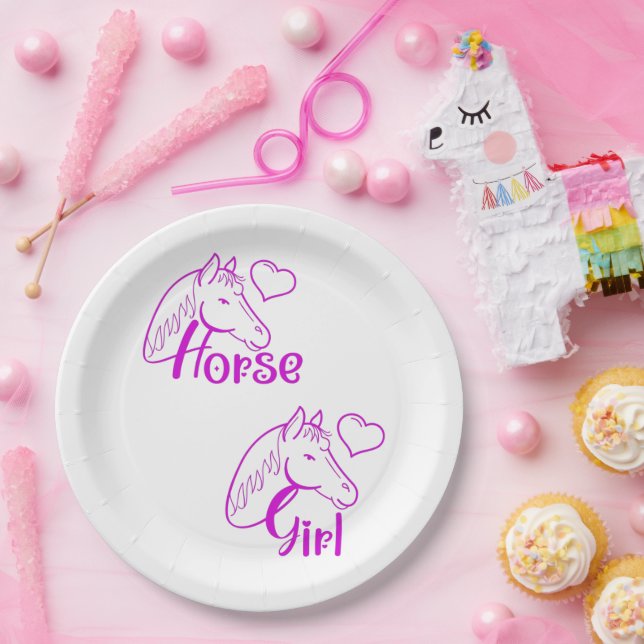 Horse Girl in Purple with Horse Head Font Paper Plates (Party)