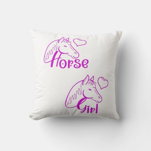 Horse Girl in Purple with Horse Head Font Throw Pillow