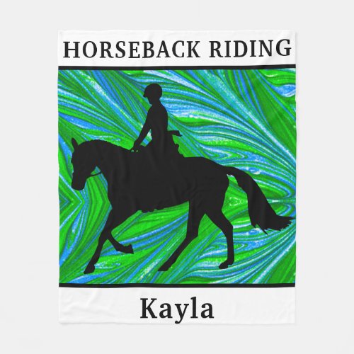 Horse Girl Tropical Blue Green Horseback Riding Fleece Blanket