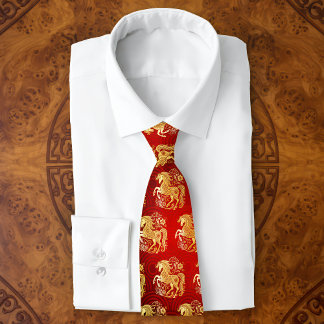 Horse Gold Foil Red Chinese Lunar New Year 2026 Neck Tie