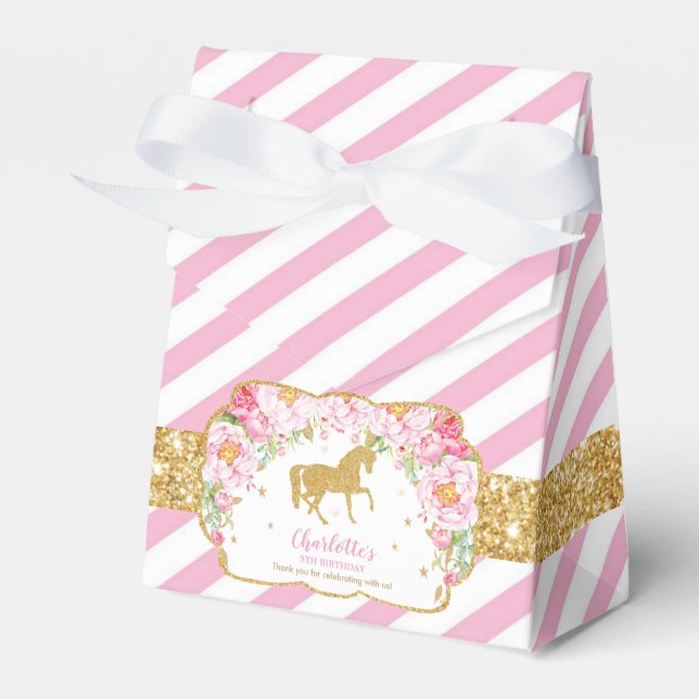 Horse Gold Glitter Pink Floral Thank You Birthday Favor Boxes (Front Side)