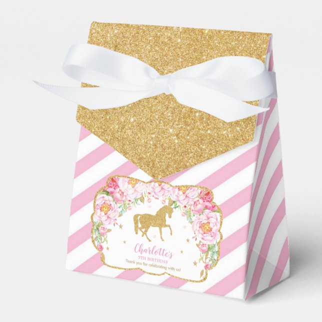 Horse Gold Glitter Pink Floral Thank You Birthday Favor Boxes (Front Side)