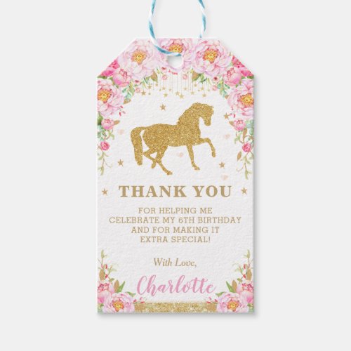Horse Gold Pink Floral Birthday Favor Thank You Gift Tags