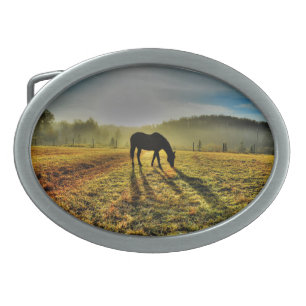 Horse Grazing at Sunrise in Misty Field Photo Belt Buckle