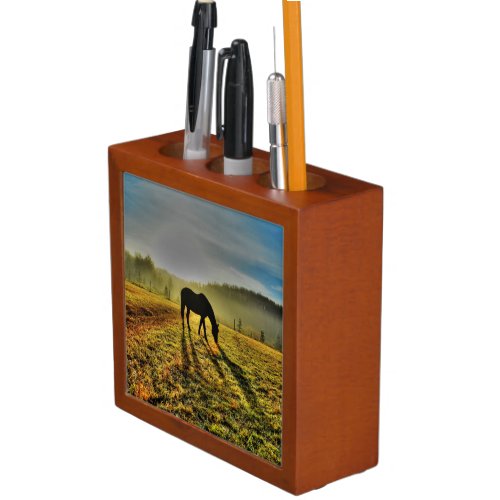 Horse Grazing at Sunrise in Misty Field Photo Pencil Holder