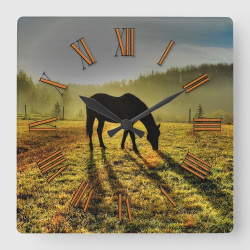 Horse Grazing at Sunrise in Misty Field Photo Square Wall Clock