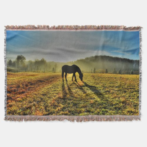 Horse Grazing at Sunrise in Misty Field Photo Throw Blanket