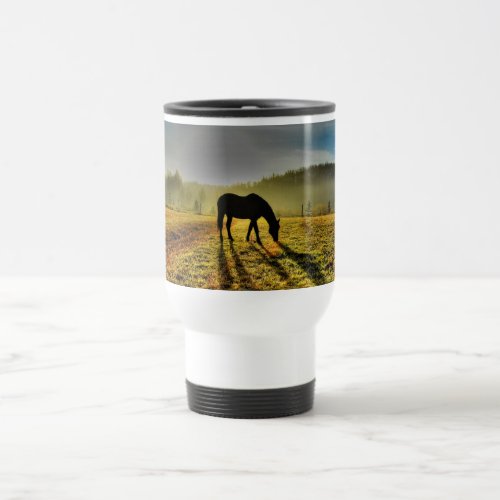 Horse Grazing at Sunrise in Misty Field Photo Travel Mug