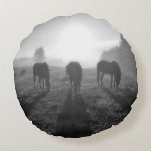 Horse Grazing in Field at Sunrise on a Horse Ranch Round Pillow