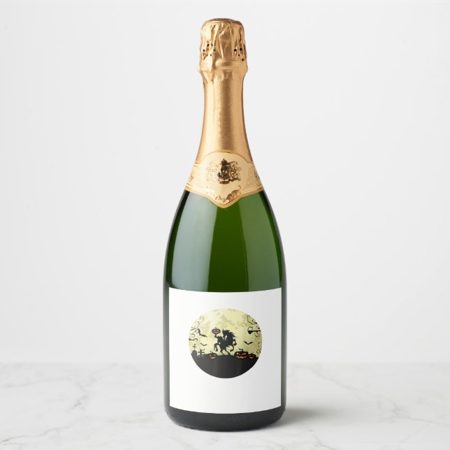 horse halloween headless horseman Pumpkin and moon Sparkling Wine Label (Front)