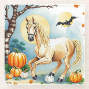 Horse Halloween With Pumpkin Glass Coaster