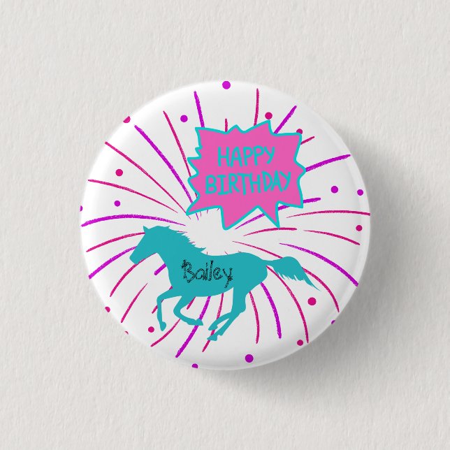 Horse Happy Birthday Pink Purple Turquoise   Button (Front)