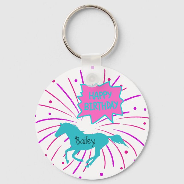 Horse Happy Birthday Pink Purple Turquoise   Keychain (Front)
