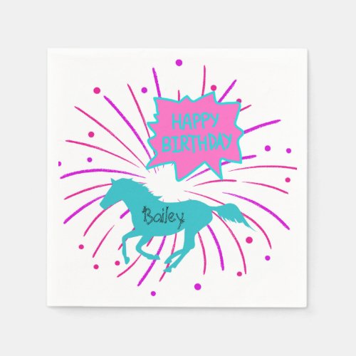 Horse Happy Birthday Pink Purple Turquoise  Napkins